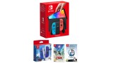 Consola Nintendo Switch Oled Rosu /Albastru + Brain Training + Zelda Skyward Sword + Joy-Con Zelda SS