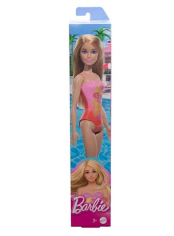 Papusa Barbie Beach Blond Hair Doll Wearing Pink Palm Tree-print Swimsuit (hpv19)