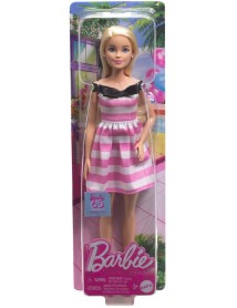 Papusa Barbie 65th Anniversary Blonde Doll With Pink Striped Dress (hth66) 