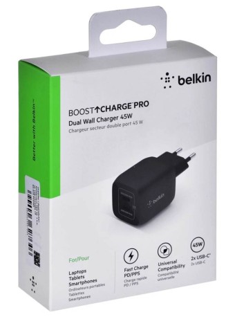 Belkin 45w Pd Pps Dual Usb-c Gan Charger Universal, Black