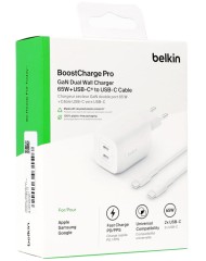 Belkin 65w Dual Usb-c Gan Wall Charger White (w...