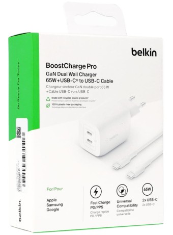 Belkin 65w Dual Usb-c Gan Wall Charger White (w/pvc 5a, C-c, 2m)