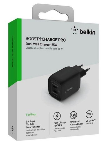 Belkin 65w Pd Pps Dual Usb-c Gan Charger Black (universal)