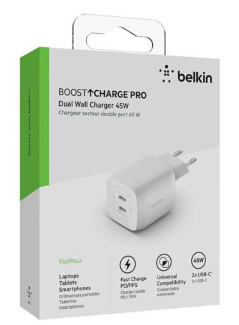 Belkin 45w Dual Usb-c Gan Wall Charger Pps White