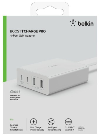 Belkin 108w 4-ports Usb Gan Desktop Charger (dual C & A) 2m Cord White