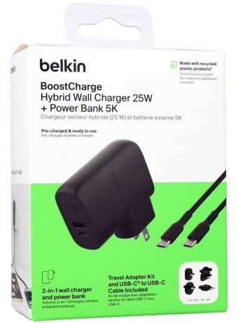 Belkin Boost Charge Hybrid Wall Travel Charger 25w+5k Power Bank Black