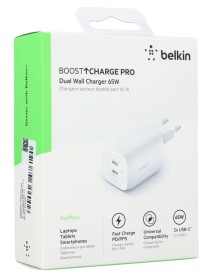 Belkin 65w Dual Usb-c Gan Wall Charger With Pps White 