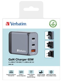 Verbatim Gnc-65 Gan Charger 3 Port 65w Usb-a/usb-c 