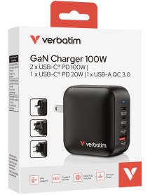 Verbatim Mini Gan Charger 100w 4 Port Us With Eu And Uk Adaptors 