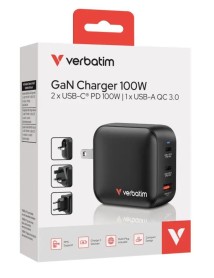 Verbatim 100w Gan Charger Us With Eu And Uk Adaptors 3 Port 