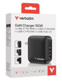 Verbatim Mini Gan Charger 165w 4 Port Us Plug With Eu And Uk Adaptors 