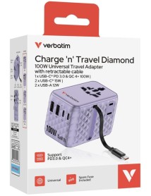 Verbatim Charger Travel 100w Universal Travel Adapter Purple 