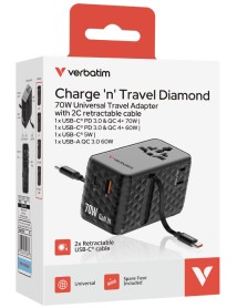 Verbatim Charger Travel 70w 2c Retractable Universal Travel Adapter Black 