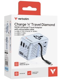 Verbatim Charger Travel 100w Universal Travel Adapter With Retractable Cable Blue 