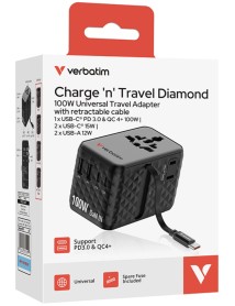Verbatim Charger Travel 100w Universal Travel Adapter With Retractable Cable Black 